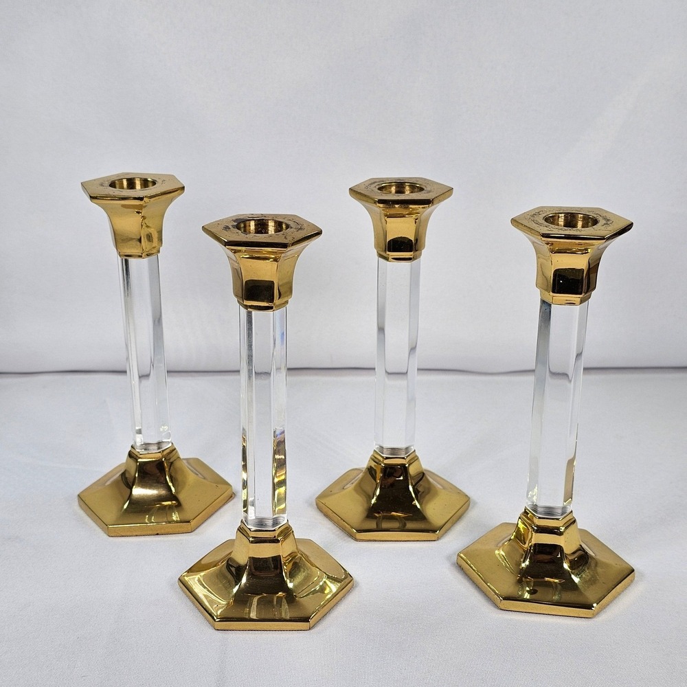 Vintage Set of 4 Gold and Clear Glass Hexagonal Taper Candlestick Holders 7 Inch